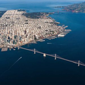 Aerial of San Francisco, Bay Bridge, and Golden Gate Bridge