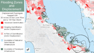 Many communities in San Mateo County are sensitive to both displacement and flooding from rising seas and larger storms, and these communities must be a priority in Sam Mateo County’s resiliency planning. Map courtesy of Bay Area Greenprint: https://www.bayareagreenprint.org/report/