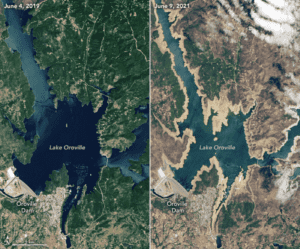 Satellite images of Lake Orville Reservior in 2019 and 2021