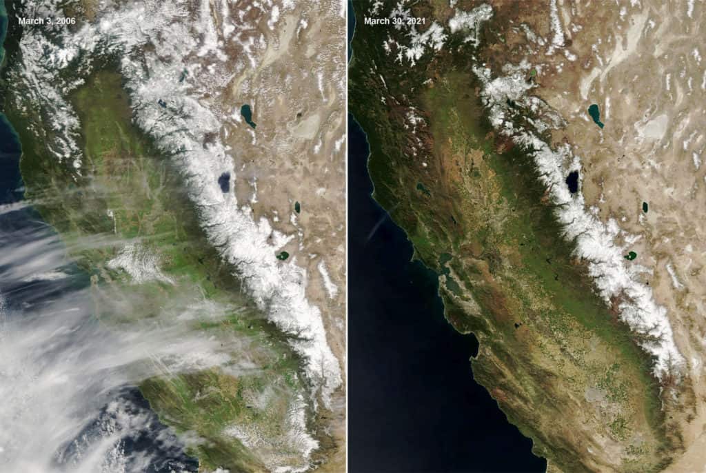 Satellite images of Sierra Nevada snow pack from 2006 and 2021