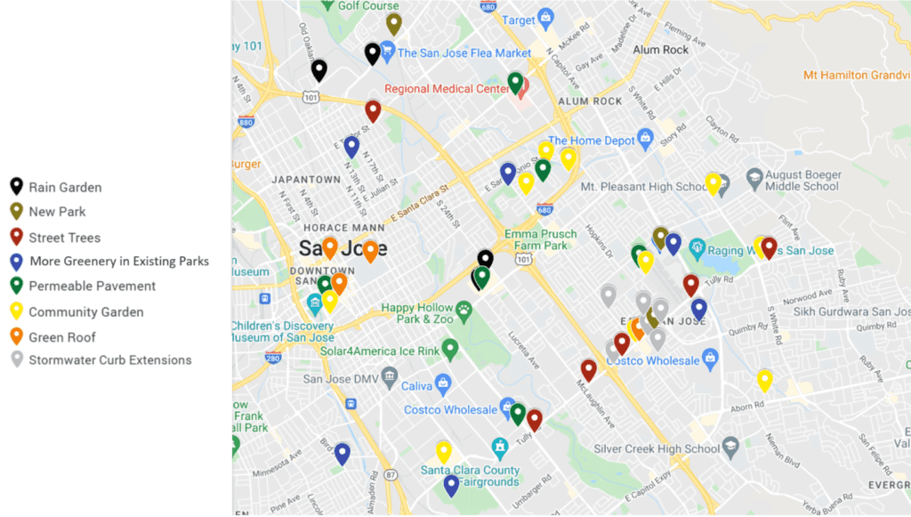 Google Map with pins indicating desirous urban greening projects in San José