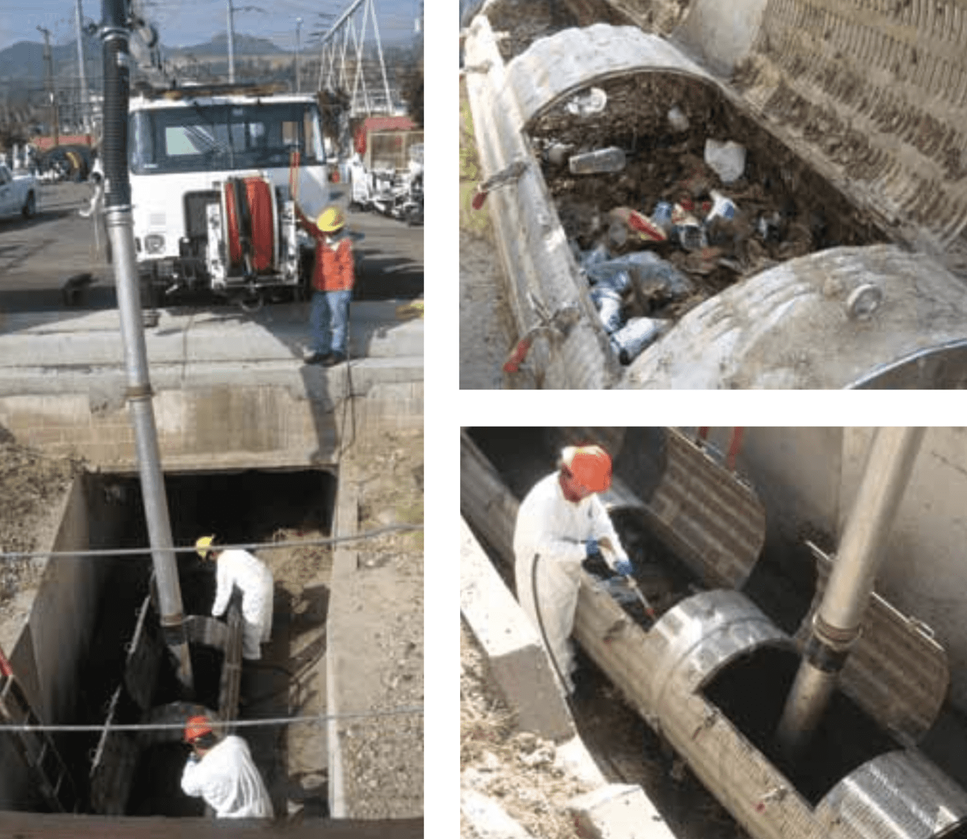 3 images of workers clearing trash from pipes with machinery
