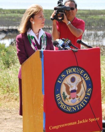 Representative Jackie Speier at an outdoor press conference