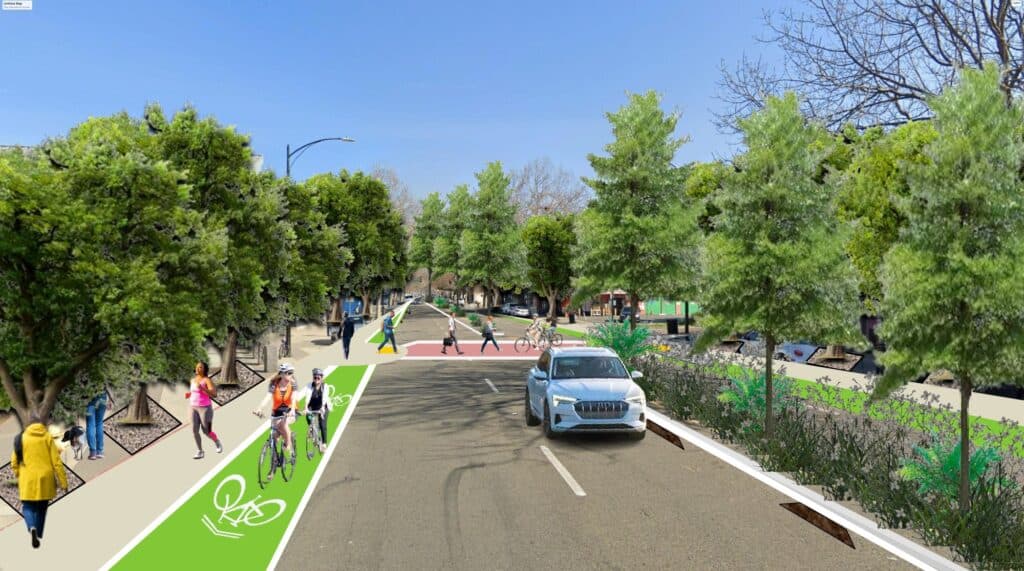 Rendering of the green street with tree canopy, bike lanes, and rain gardens