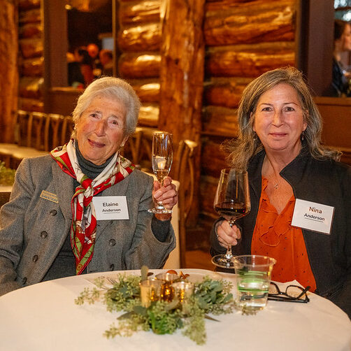 Two women smiling at the camera, toasting a glass of champagne