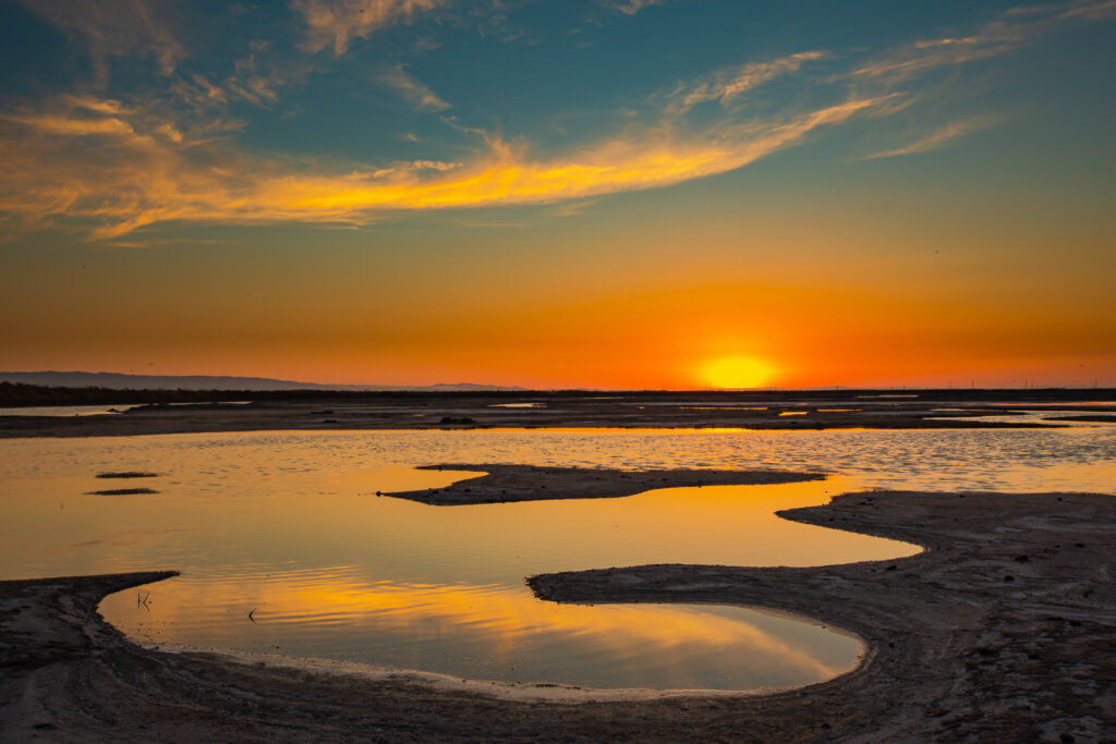 Alviso salt ponds reflecting a blue and orange sky as the sun sets